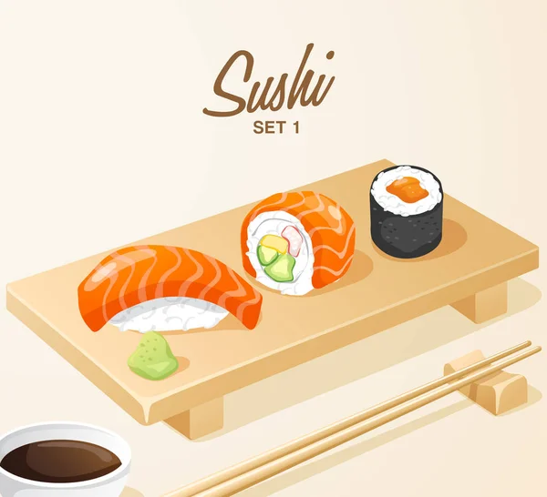 Set Comida Japonesa Set Sushi Placa Madera Vector Ilustración — Archivo Imágenes Vectoriales
