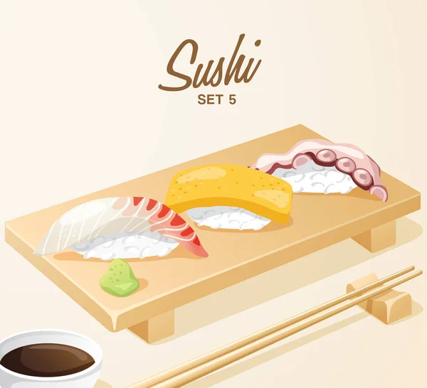 Set Japanese Food Sushi Set Wooden Plate Vector Illustration — Stock Vector