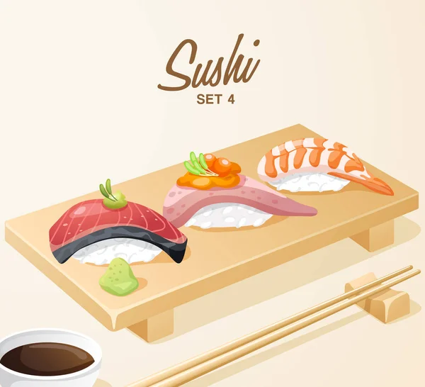 Set Comida Japonesa Set Sushi Placa Madera Vector Ilustración — Vector de stock