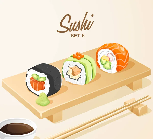 Set Comida Japonesa Set Sushi Placa Madera Vector Ilustración — Archivo Imágenes Vectoriales