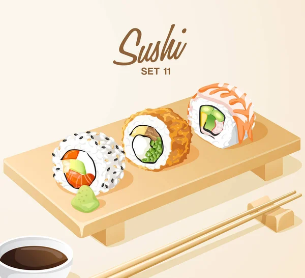 Set Comida Japonesa Set Sushi Placa Madera Vector Ilustración — Vector de stock