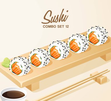 Japon Yemekleri Seti : Ahşap Tabakta Suşi Seti : Vektör İllüstrasyon