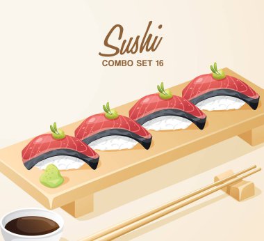 Japon Yemekleri Seti : Ahşap Tabakta Suşi Seti : Vektör İllüstrasyon
