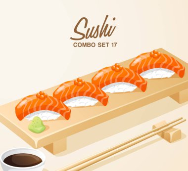 Japon Yemekleri Seti : Ahşap Tabakta Suşi Seti : Vektör İllüstrasyon