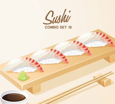 Japon Yemekleri Seti : Ahşap Tabakta Suşi Seti : Vektör İllüstrasyon