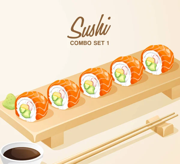 Zestaw Japońskich Potraw Zestaw Sushi Drewnianej Płycie Ilustracja Wektorowa — Wektor stockowy