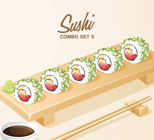 Set Comida Japonesa Set Sushi Placa Madera Vector Ilustración — Vector de stock