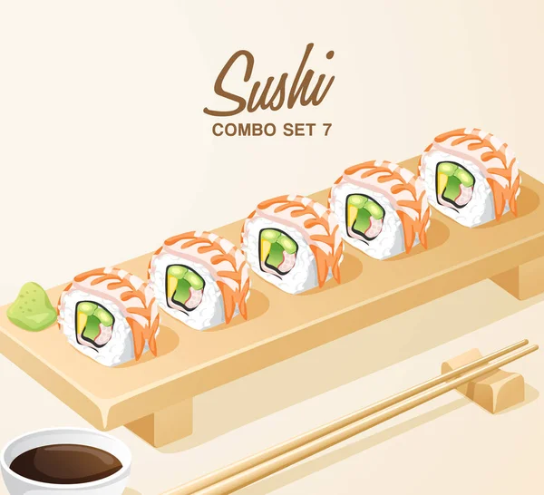 Set Comida Japonesa Set Sushi Placa Madera Vector Ilustración — Vector de stock