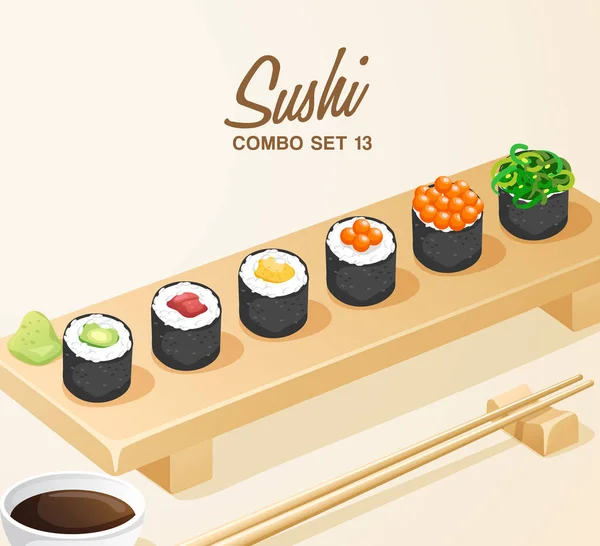 Set Comida Japonesa Set Sushi Placa Madera Vector Ilustración — Vector de stock