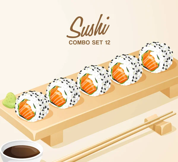 Set Comida Japonesa Set Sushi Placa Madera Vector Ilustración — Vector de stock