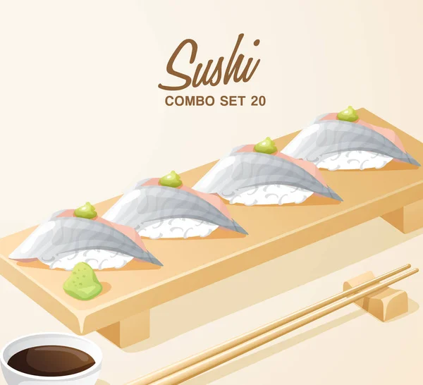 Set Comida Japonesa Set Sushi Placa Madera Vector Ilustración — Vector de stock