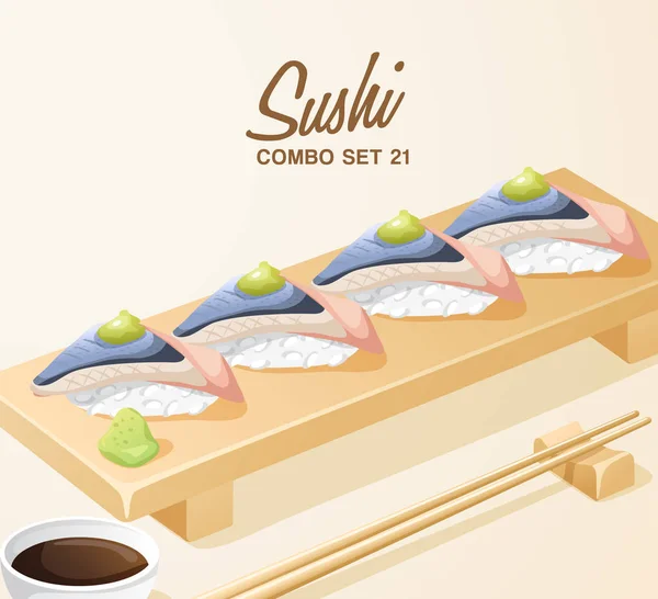 Készlet Japán Élelmiszer Sushi Készlet Lemez Vector Illusztráció — Stock Vector
