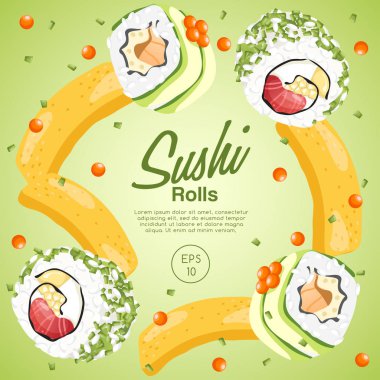 Japon Gıda Seti : Sushi Rolls : Vektör İllüstrasyon