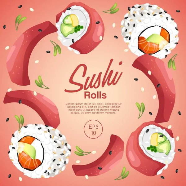 Zestaw Japońskich Potraw Sushi Rolls Ilustracja Wektorowa — Wektor stockowy