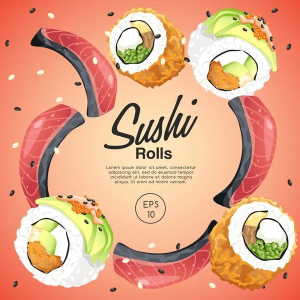 Zestaw Japońskich Potraw Sushi Rolls Ilustracja Wektorowa — Wektor stockowy