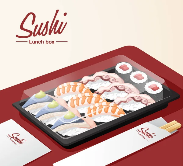 Sushi Set Zum Mitnehmen Mit Tablett Essstäbchen Und Serviette Auf — Stockvektor