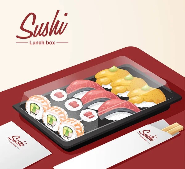 Suši Set Sushi Podnosem Hůlky Ubrouskem Červeném Stole Vektorová Ilustrace — Stockový vektor