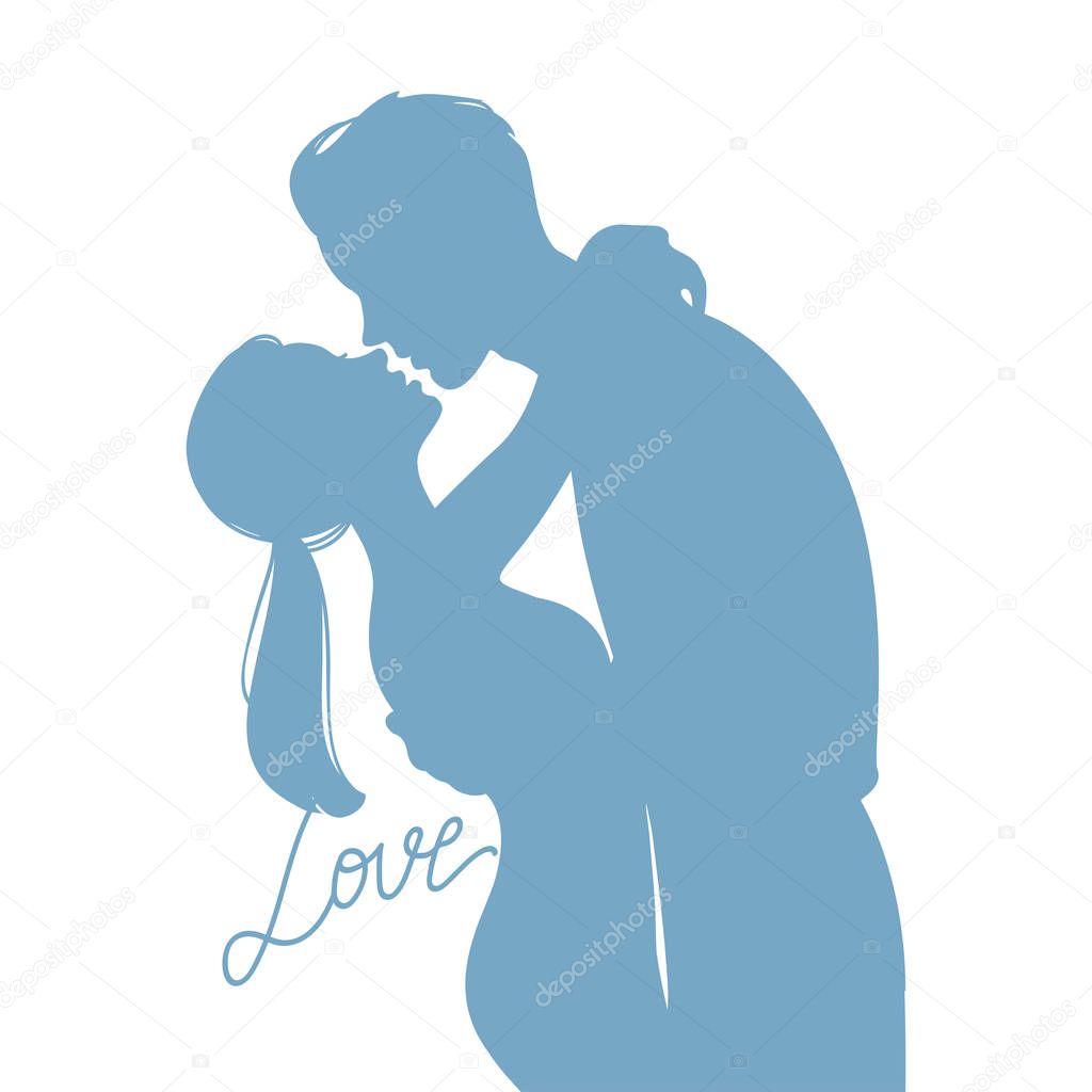 Silhouette of passionate young couple kissing isolated on white background : Vector Illustration