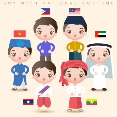 Ulusal kostümlü erkekler : Vietnam, Filipinler, Malezya, Laos ve Myanmar : Vektör İllüstrasyon