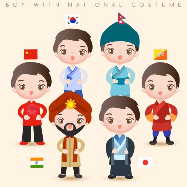 Ulusal kostümlü erkekler : Çin, Kore, Nepal, Bhutan, Hindistan ve Japonya : Vektör İllüstrasyon