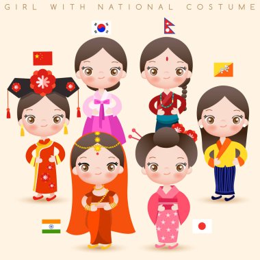 Ulusal kostümlü kızlar : Çin, Kore, Nepal, Bhutan, Hindistan ve Japonya : Vektör İllüstrasyon