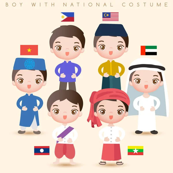 Boys National Costumes Vietnam Philippines Malaysia Laos Myanmar Vector Illustration — Stock Vector