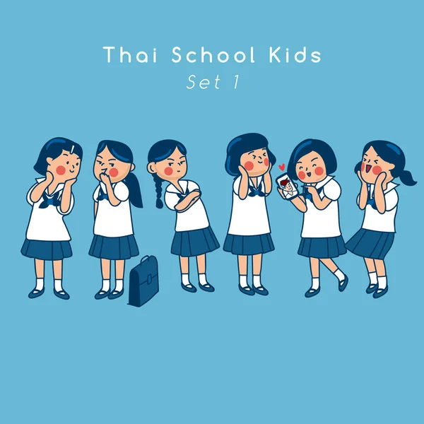 Grupo Niños Secundaria Tailandeses Aislados Fondo Vector Illustration — Vector de stock