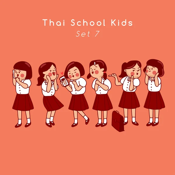 Grupo Crianças Ensino Secundário Tailandês Isoladas Segundo Plano Ilustração Vetorial — Vetor de Stock