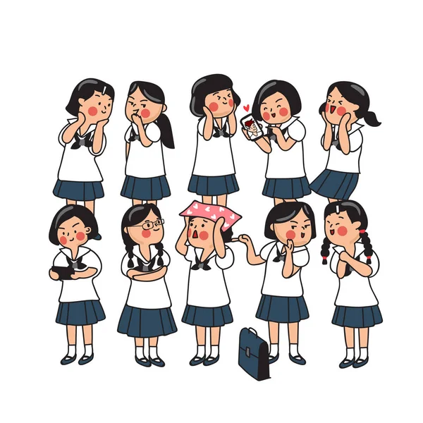 Grupo Niños Secundaria Tailandeses Aislados Fondo Vector Illustration — Vector de stock