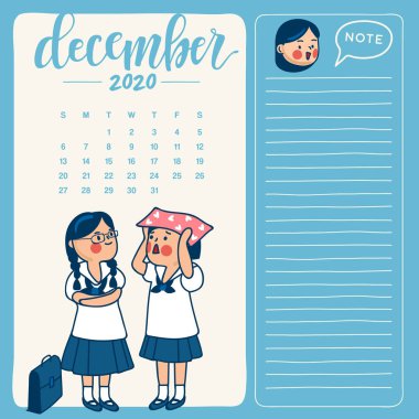 2020 el çizilmiş okul çocuk illüstrasyon ile takvim şablonu: vektör Illustration