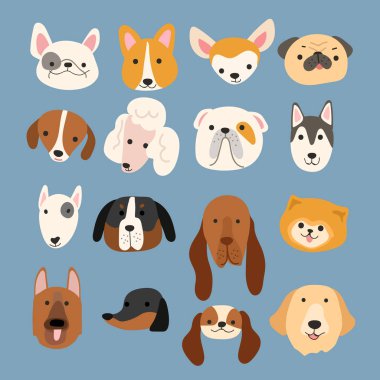 Pastel arka planda izole edilmiş köpek yavrusu yüzleri kümesi : Vektör Çizimi