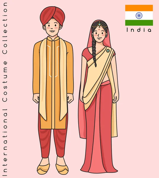 Couple Asiatique Mignon Avec Des Vêtements Traditionnels Illustration Vectorielle — Image vectorielle