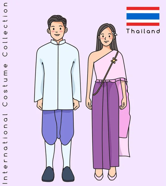 Couple Asiatique Mignon Avec Des Vêtements Traditionnels Illustration Vectorielle — Image vectorielle