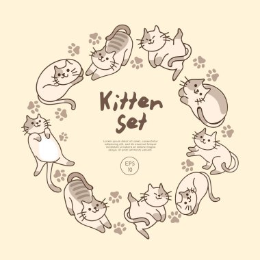 Pastel arka planda izole sevimli kedi yavrusu seti : Vektör İllüstrasyon