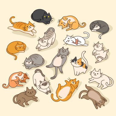 Pastel arka planda izole sevimli kedi yavrusu seti : Vektör İllüstrasyon