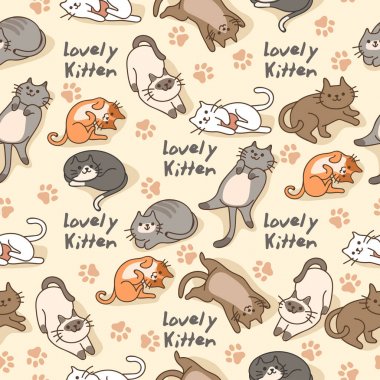 Pastel arka planda izole sevimli kedi yavrusu seti : Dikişsiz Desen : Vektör İllüstrasyon