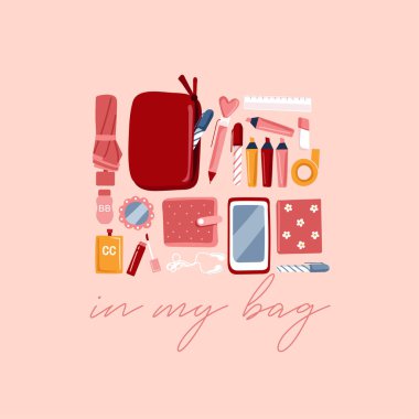 Pastel arka planda izole girly kişisel öğeleri: vektör Illustration
