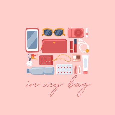 Pastel arka planda izole girly kişisel öğeleri: vektör Illustration