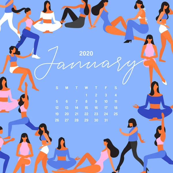 Kalender 2020 Mit Einer Gruppe Junger Frauen Auf Pastellfarbenem Hintergrund — Stockvektor