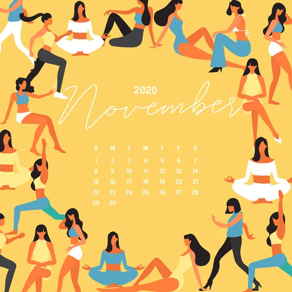 2020 Calendário Com Grupo Jovens Isoladas Fundo Pastel Ilustração Vetorial — Vetor de Stock