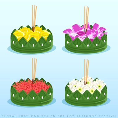 Loy Krathong, Krathong tasarım seti açık mavi arka plan izole : Vektör İllüstrasyon