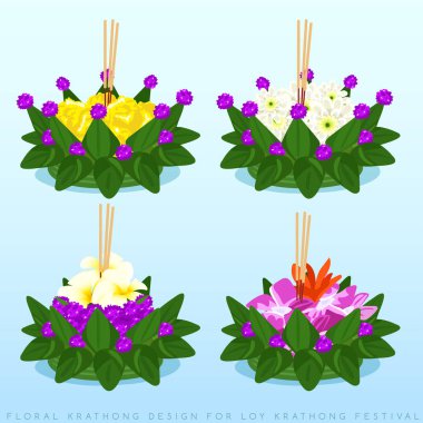 Loy Krathong, Krathong tasarım seti açık mavi arka plan izole : Vektör İllüstrasyon