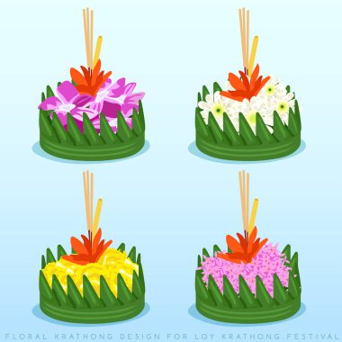 Loy Krathong, Krathong tasarım seti açık mavi arka plan izole : Vektör İllüstrasyon