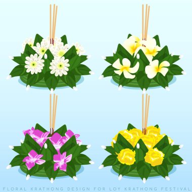 Loy Krathong, Krathong tasarım seti açık mavi arka plan izole : Vektör İllüstrasyon