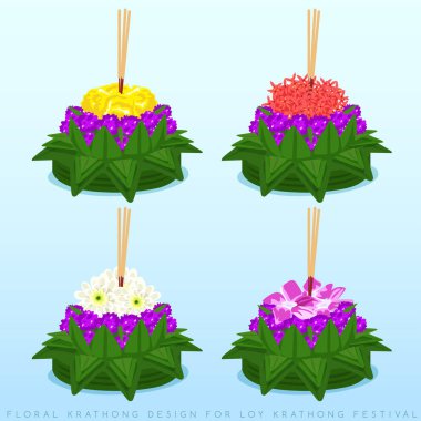 Loy Krathong, Krathong tasarım seti açık mavi arka plan izole : Vektör İllüstrasyon