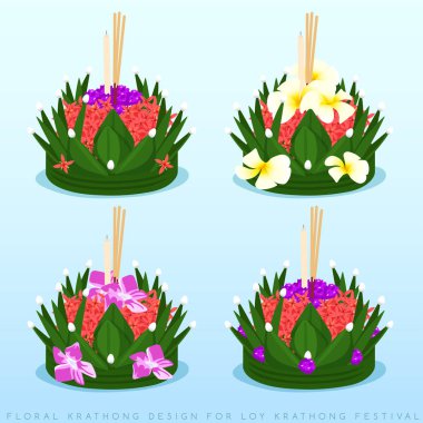 Loy Krathong, Krathong tasarım seti açık mavi arka plan izole : Vektör İllüstrasyon