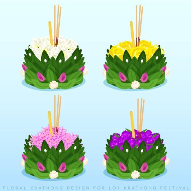 Loy Krathong, Krathong tasarım seti açık mavi arka plan izole : Vektör İllüstrasyon