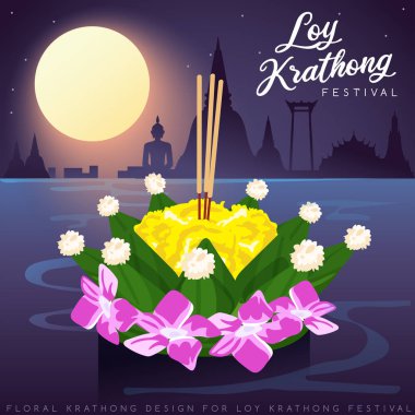 Loy Krathong, dolunay, pagoda ve tapınak arka plan ile Tay Geleneksel Festivali : Vektör İllüstrasyon