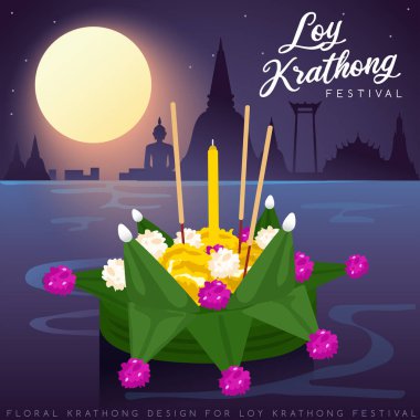 Loy Krathong, dolunay, pagoda ve tapınak arka plan ile Tay Geleneksel Festivali : Vektör İllüstrasyon