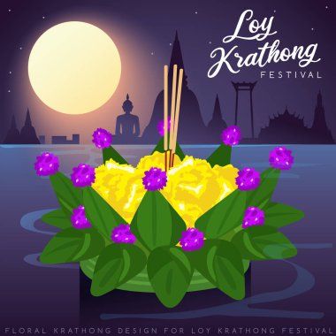 Loy Krathong, Thai Traditional Festival with full moon, pagoda and temple background : Vector Illustration clipart